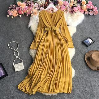Long-sleeve Belted Pleated Midi A-line Dress