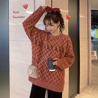 Furry Chevron Sweater / Velvet Wide-leg Pants