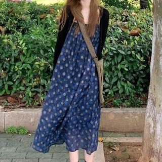 Strappy Dotted Midi Shift Dress / V-neck Cardigan