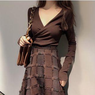 Long-sleeve V-neck Top / Midi A-line Plaid Skirt