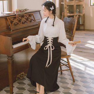 Frill Trim Bell-sleeve Blouse / Lace-up Tie-waist Skirt / Set Of 2