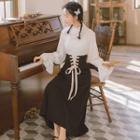 Frill Trim Bell-sleeve Blouse / Lace-up Tie-waist Skirt / Set Of 2
