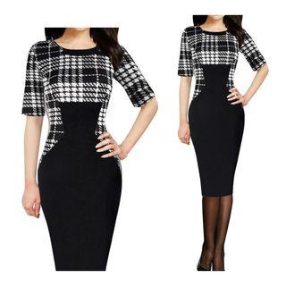 Plaid Elbow-sleeve Pencil Dress