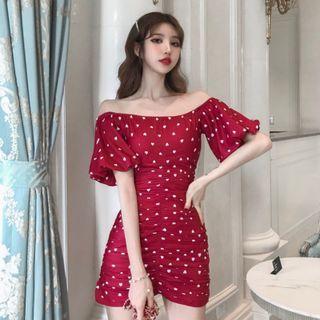Off-shoulder Heart Print Slim-fit Dress