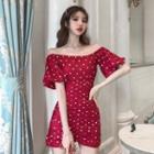 Off-shoulder Heart Print Slim-fit Dress
