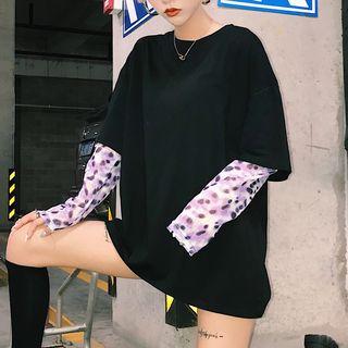 Printed Panel Long-sleeve T-shirt As Shown In Figure - One Size