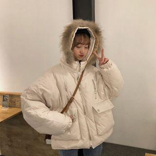 Furry-trim Hooded Padded Zip Jacket