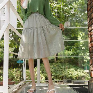 Shirred Midi Flared Stripe Skirt