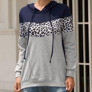 Color Block Leopard Print Panel Hoodie