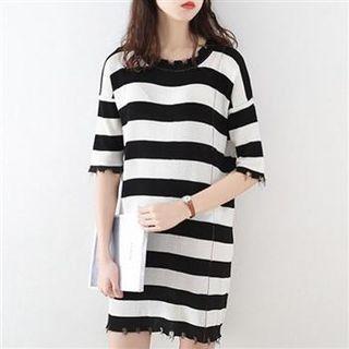 Distressed Striped Knit Dress As Shown In Figure - One Size