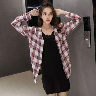 Set: V-neck Tank Dress + Plaid Blouse