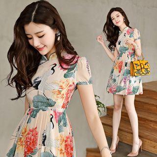 Crane Print Short Sleeve A-line Qipao