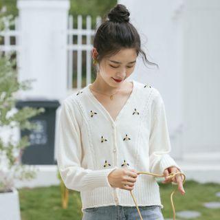 V Neck Embroider Floral Knit Long-sleeve Cardigan