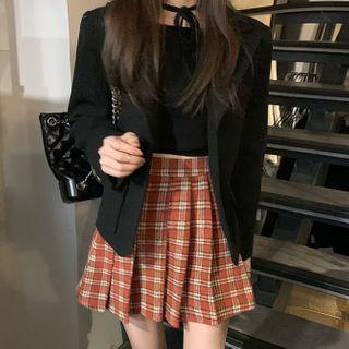 Plain Button-up Coat / Long-sleeve Crop Top / Plaid Mini Skirt