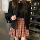 Plain Button-up Coat / Long-sleeve Crop Top / Plaid Mini Skirt