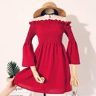 Bell-sleeve Off-shoulder Smocked A-line Dress