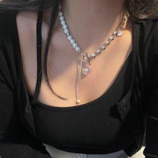 Beaded Rhinestone Necklace Silver - One Size