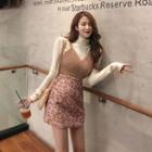 Long-sleeve Mock Neck Top / Sleeveless Cropped Knit Top / Leopard Print Mini Skirt