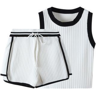 Set: Contrast Trim Knit Tank Top + Shorts