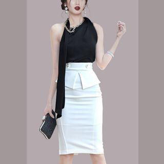 Set: Sleeveless Blouse + Pencil Skirt + Chain Necklace
