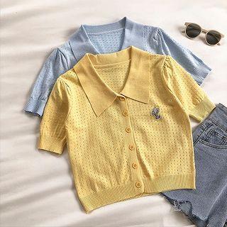 Embroidered Perforated Short-sleeve Knit Top