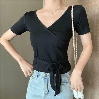 Short-sleeve Wrapped Plain T-shirt