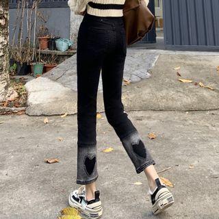 Heart Embroidered Straight Leg Cropped Jeans