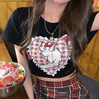 Heart Cat Print Cropped T-shirt