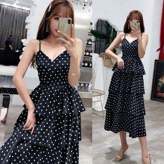 Spaghetti Strap Dotted Midi Tiered Dress White Dots - Black - One Size