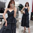 Spaghetti Strap Dotted Midi Tiered Dress White Dots - Black - One Size