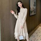Mock Two-piece Long-sleeve Frill Trim Knit Midi A-line Dress