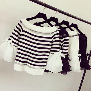 Mesh Panel Stripe 3/4-sleeve Knit Sweater