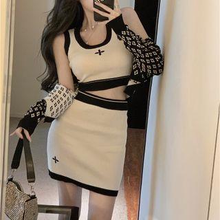 Knit Crop Tank Top / Mini Pencil Skirt / Cardigan / Set