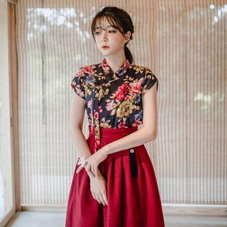 Short-sleeve Maxi Skirt Hanbok Set (floral / Burgundy)