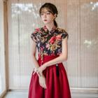 Short-sleeve Maxi Skirt Hanbok Set (floral / Burgundy)