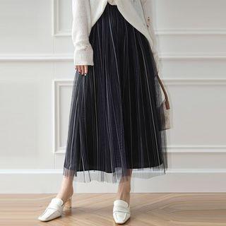 Striped Mesh Midi A-line Skirt