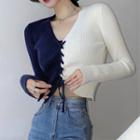 Two Tone Lace-up Knit Top Black & White - One Size