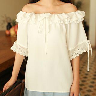 Off-shoulder Short-sleeve Ruffle Chiffon Top