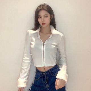 Fluffy Trim Polo-neck Zip-up Cardigan