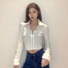 Fluffy Trim Polo-neck Zip-up Cardigan