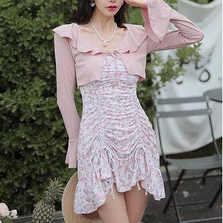 Set: Floral Print Drawstring Swimdress + Cover-up