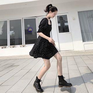 Dotted Short-sleeve A-line Dress Dots - Black - One Size