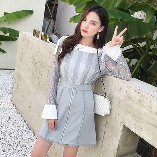 Set: Long-sleeve Lace Top + Mini A-line Skirt