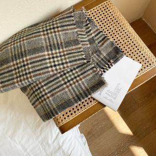 Plaid Fringed Shawl Plaid - Black & Coffee - One Size