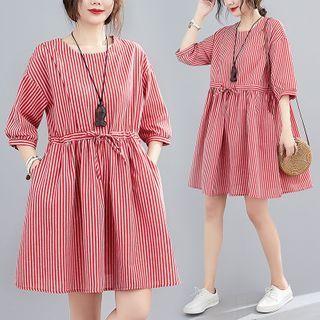 Striped 3/4-sleeve Tie-waist A-line Dress
