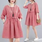 Striped 3/4-sleeve Tie-waist A-line Dress