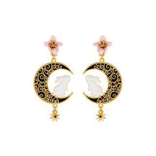 Fashion And Elegant Plated Gold Enamel Rabbit Moon Flower Earrings Golden - One Size