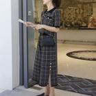 Set: Short-sleeve Plaid Knit Polo Shirt + Split Wide Leg Capri Pants Plaid - Black & White - One Size