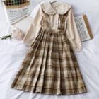 Set: Sailor-collar Ruffled Shirt + Checker Sleeveless Dress