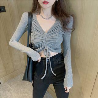 V-neck Drawstring Shirred Cropped T-shirt